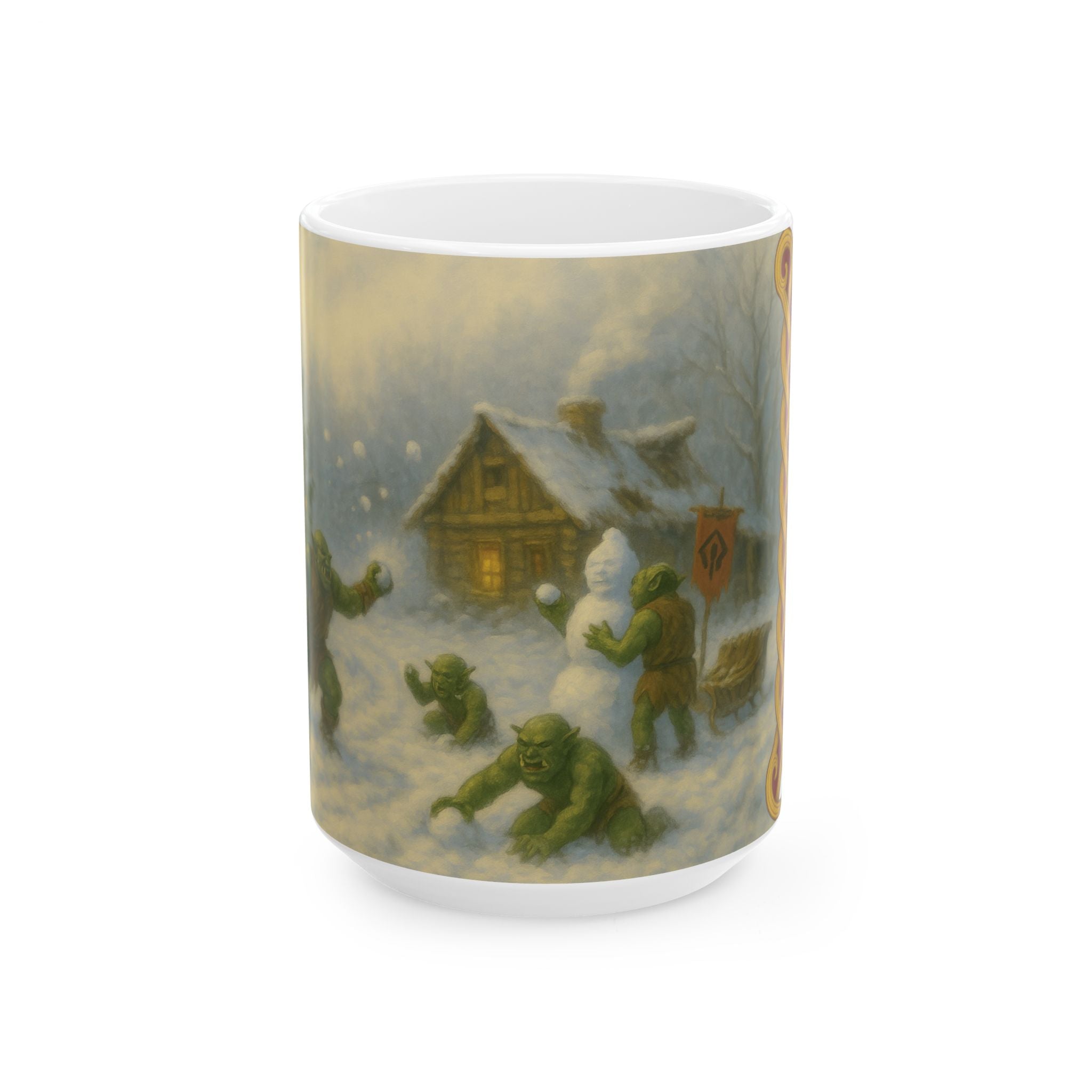 Snow Orcs Snowball Fight Mug | Cozy Cabin Winter Scene Ceramic Mug