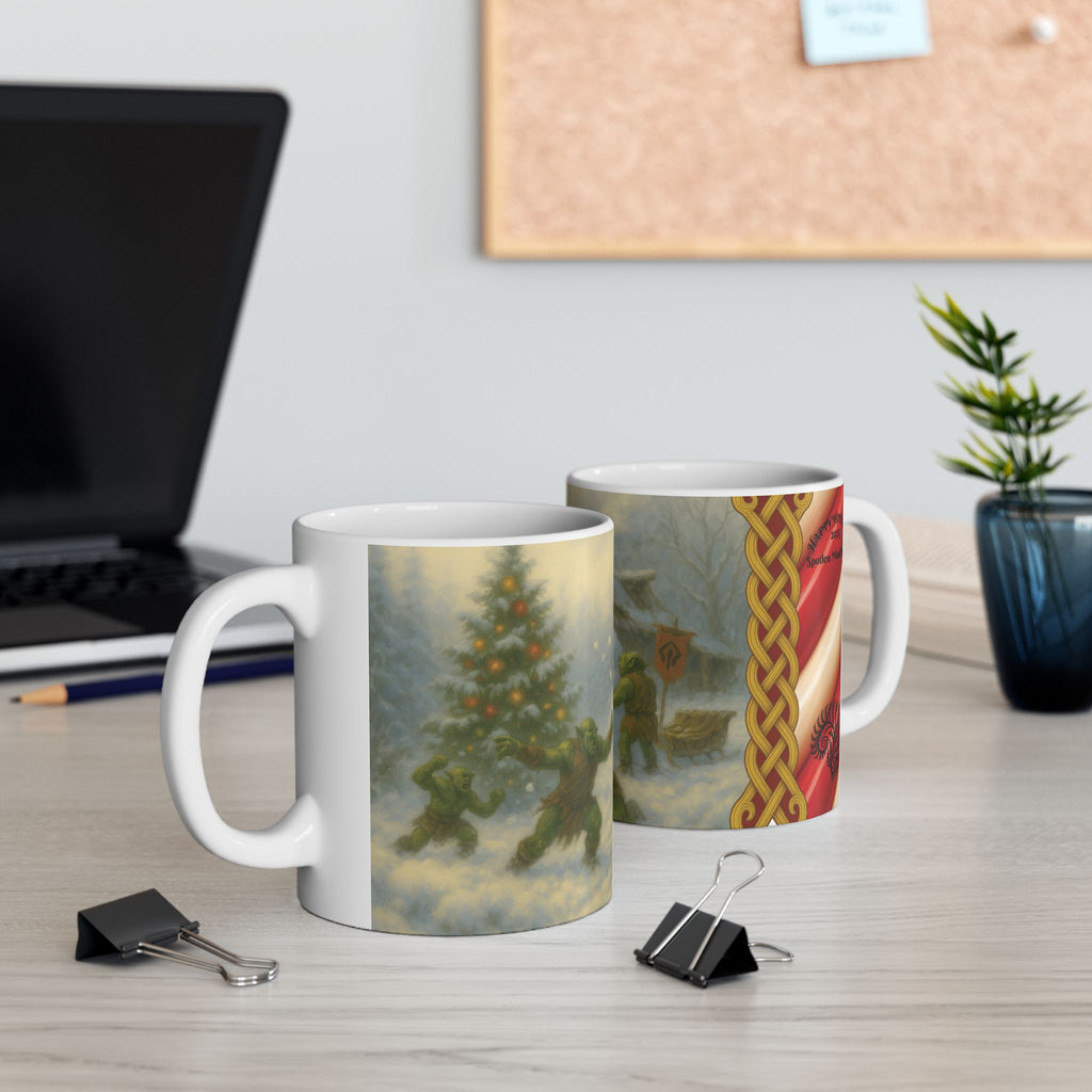 Snow Orcs Snowball Fight Mug | Cozy Cabin Winter Scene Ceramic Mug