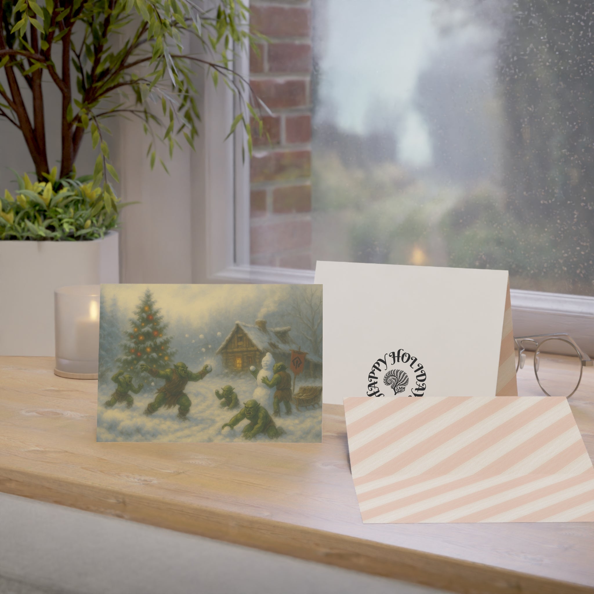 Greeting Cards - Happy Holiday Orcs Play in Conquered Lands Design - Set of 10