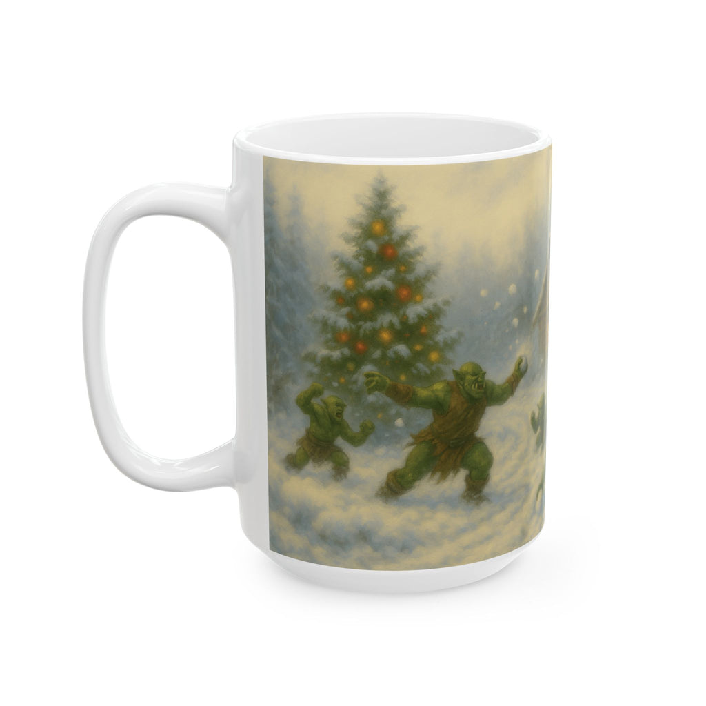 Snow Orcs Snowball Fight Mug | Cozy Cabin Winter Scene Ceramic Mug
