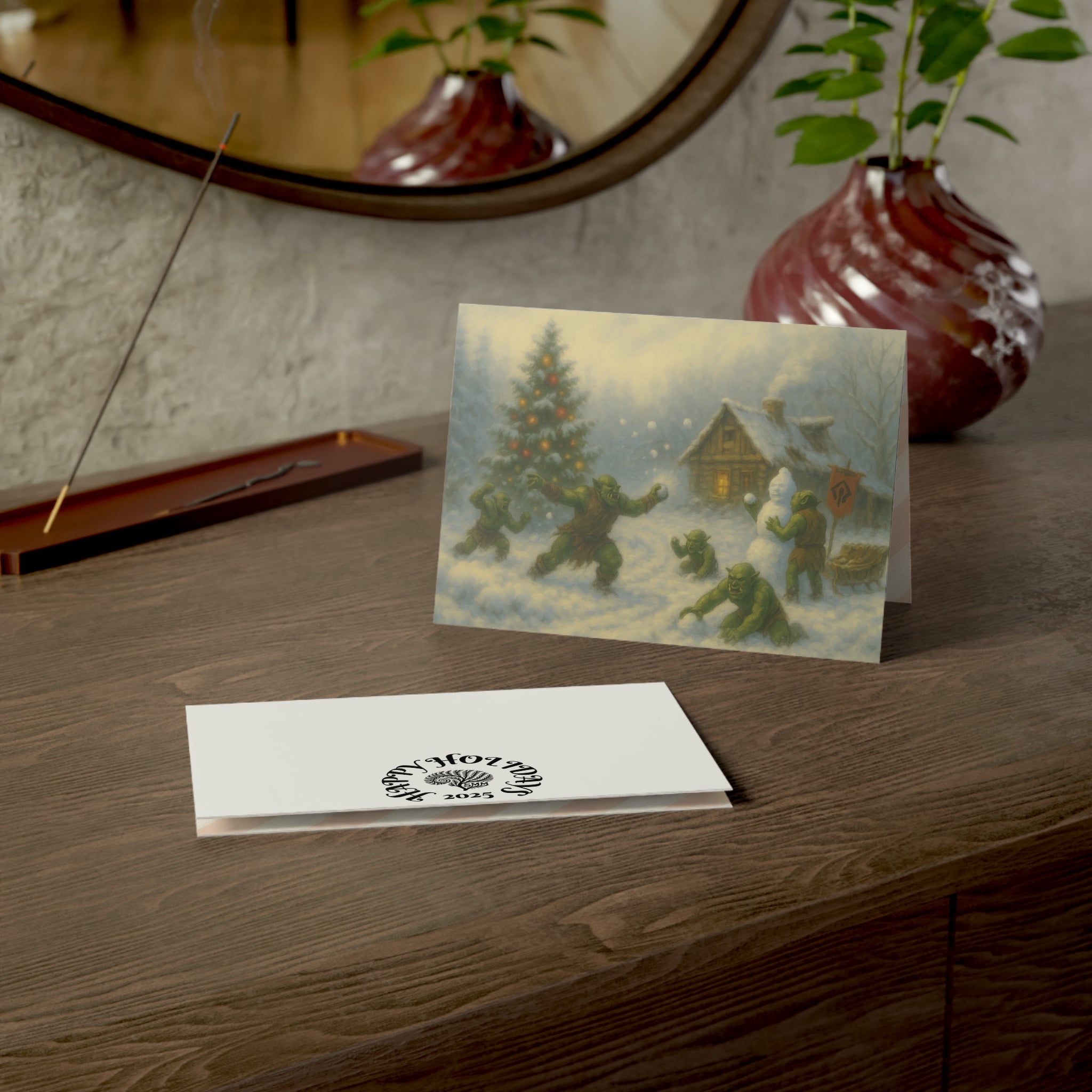 Greeting Cards - Happy Holiday Orcs Play in Conquered Lands Design - Set of 10