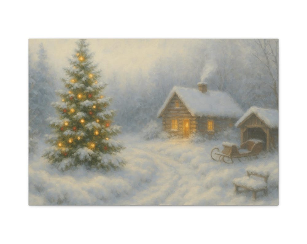 Cozy Snowy Cabin with Lit Christmas Tree Matte Canvas